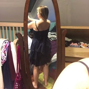 Navy blue, ruched botice, pickups along the skirt